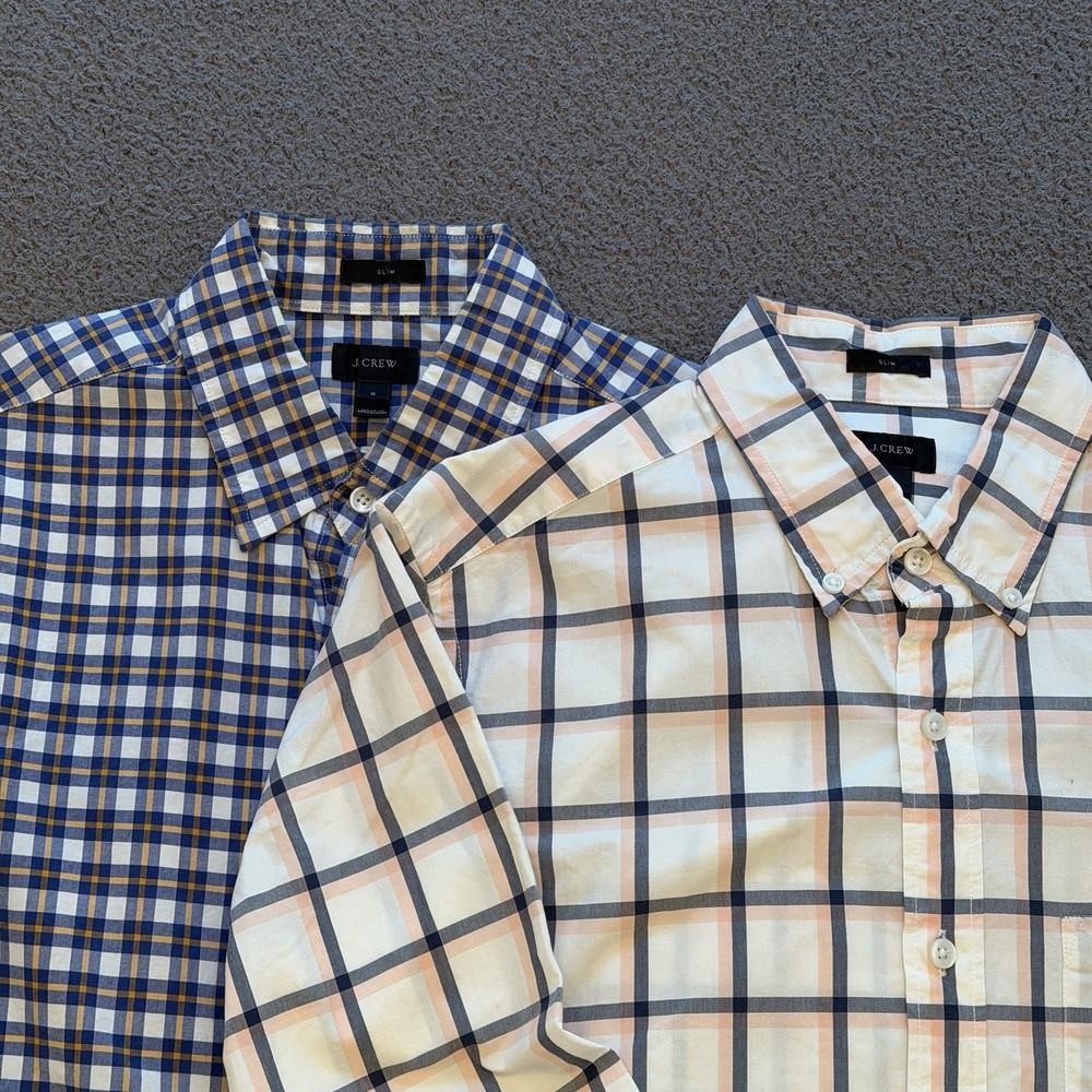 Lot of 2 J.Crew Slim Fit Long Sleeve Plaid Shirts Mens Small 100% Cotton Summer